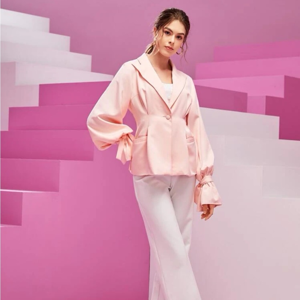 Solid Flounce Sleeve Single Button Blazer - image 4